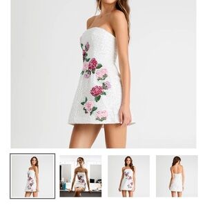 Strapless White Dress with Pink Floral Embroidery